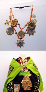 140711alhajasnuevatemporada2 Arriba, una de las collaradas con sus 'jardines maragatos'. Abajo, detalle del traje de candelaria (Salamanca) que forma parte de la nueva temporada de Alhajas.